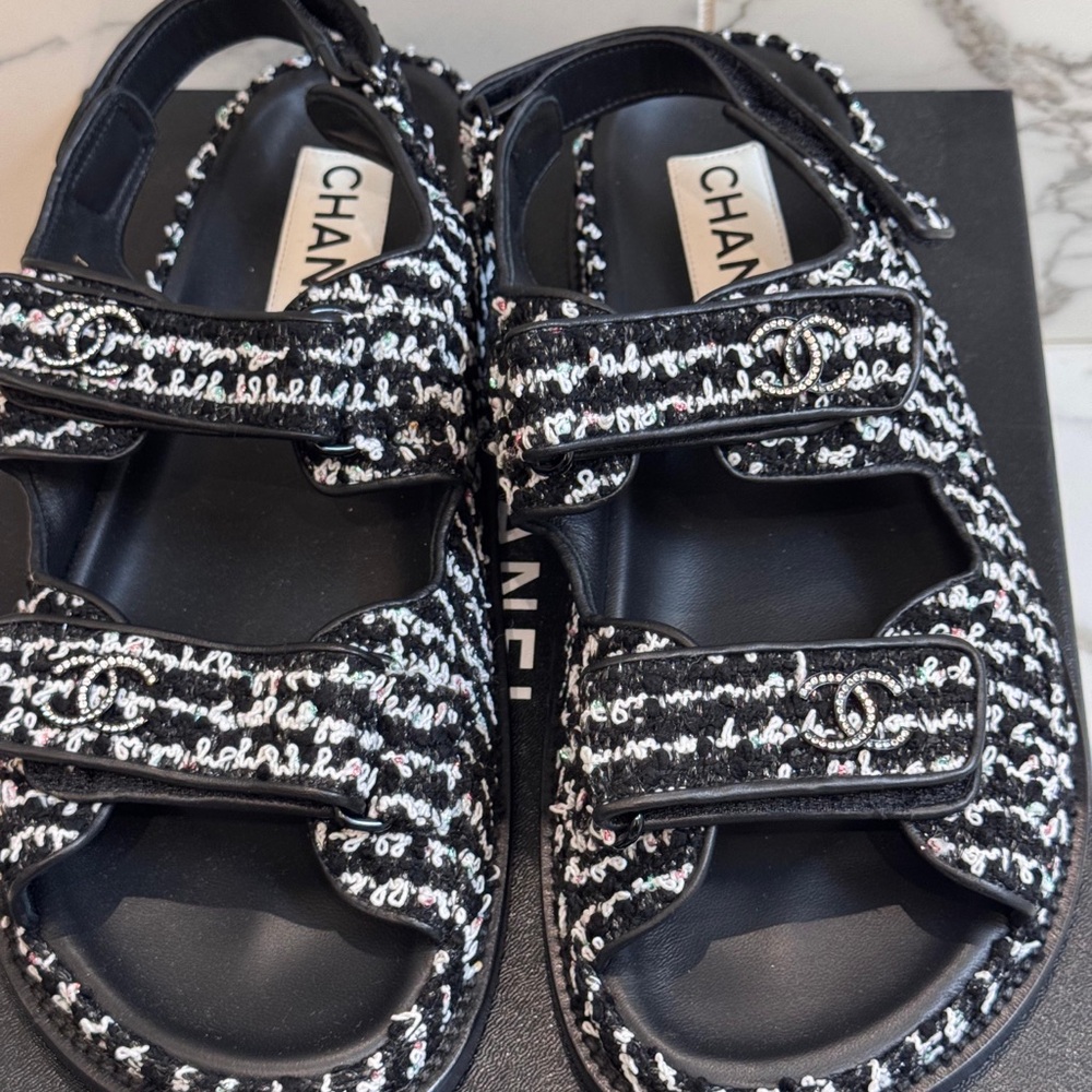 Chanel Black and White Tweed Dad Sandals